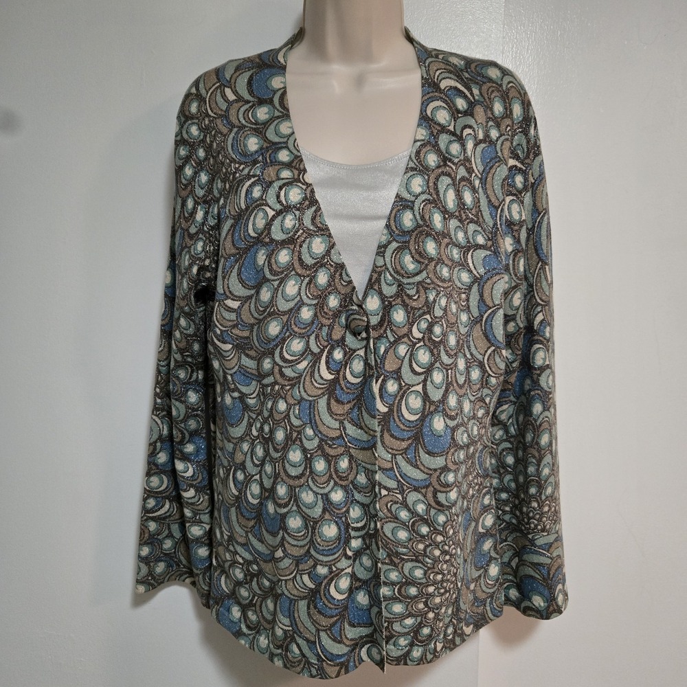 Chico's 1 (M) Blue Green Rayon Blend Geometric‎ Single Button Cardigan Sweater